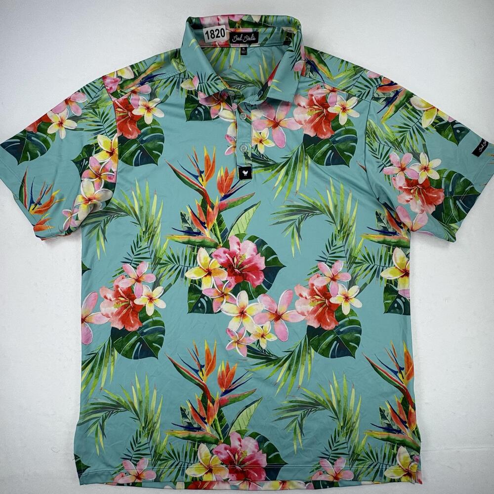 Bad Birdie Polo Shirt Mens XL Multicolor Floral Golf Stretch Tropical Hawaiian